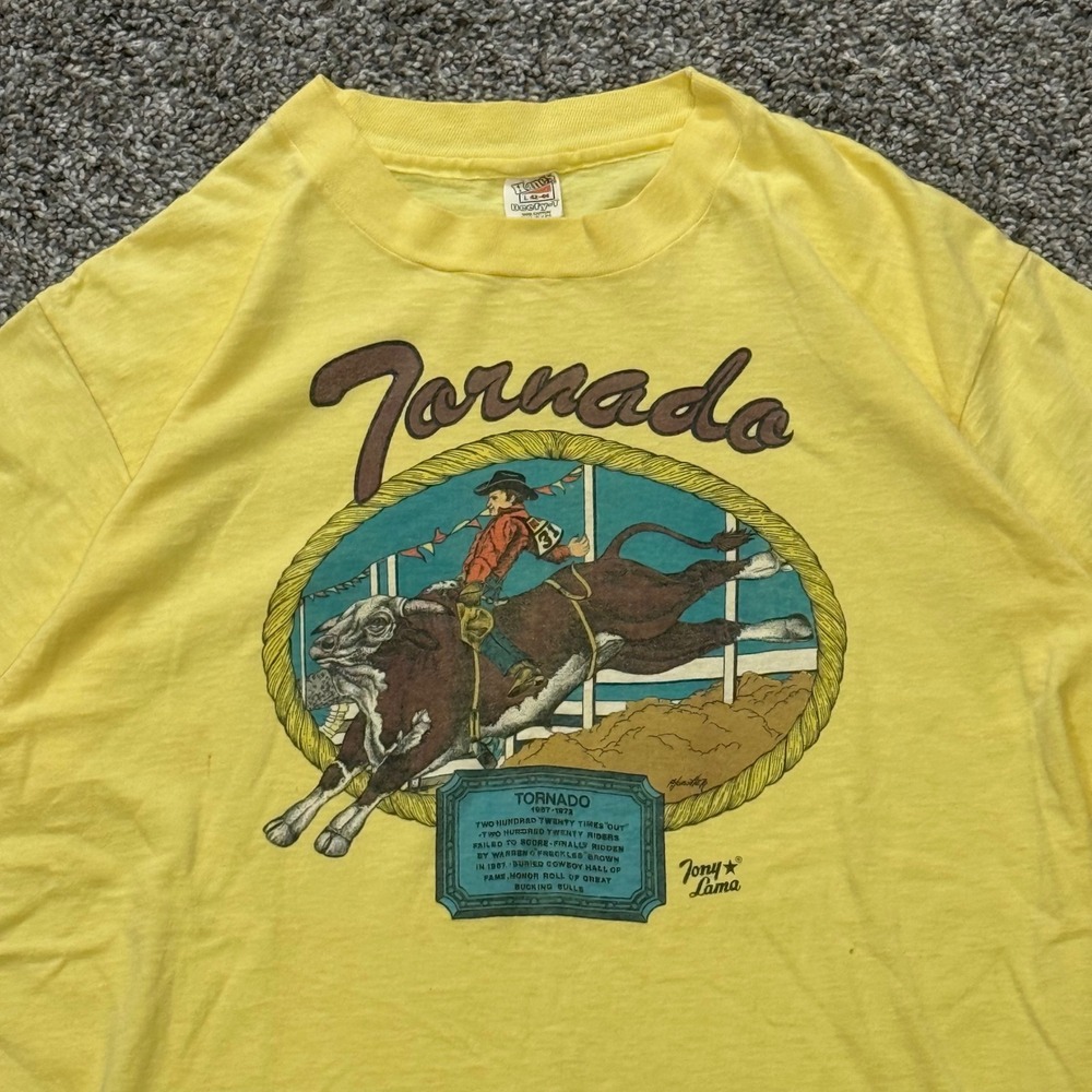 Vintage 70s Tony Lama Tornado Bull Rodeo T-Shirt Hanes Beefy Freckles Brown L